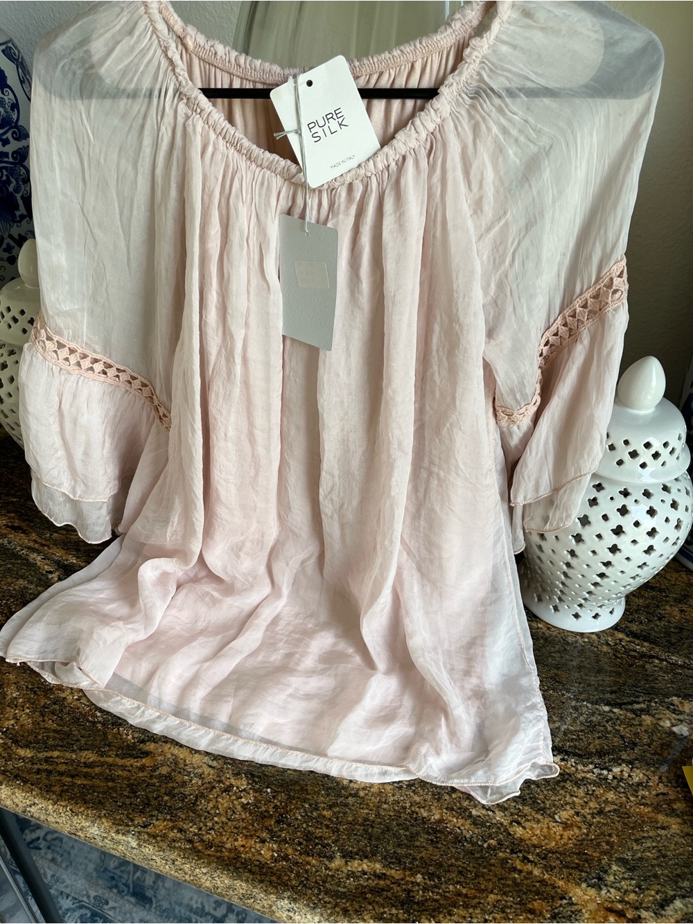 NWT, Pure Silk Women's Light Pink Peasant Blouse, Large